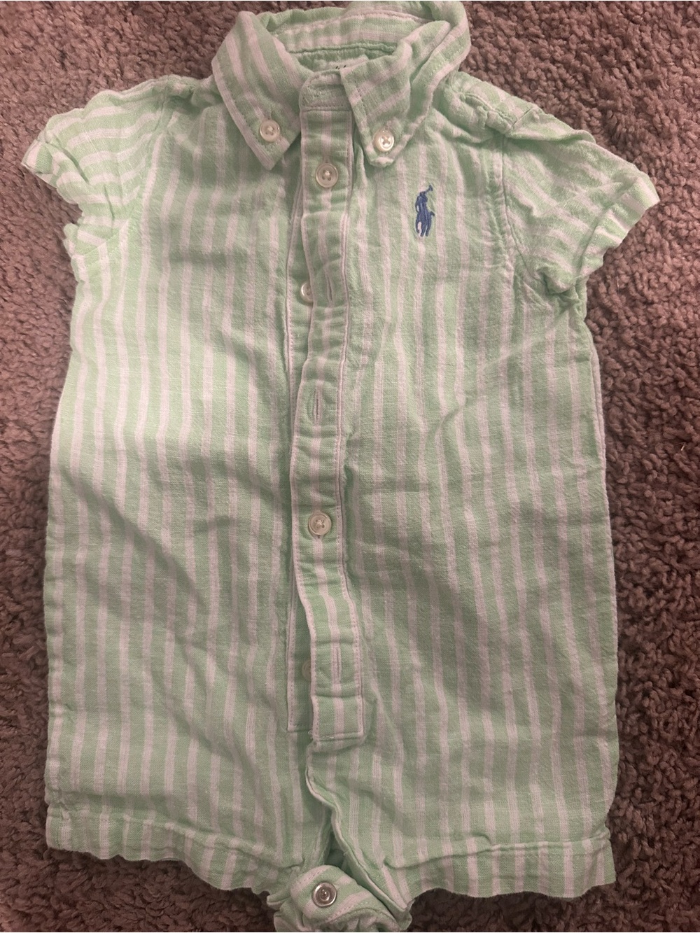 Polo by Ralph Lauren Mint Green & White Striped Button-Down Baby Romper